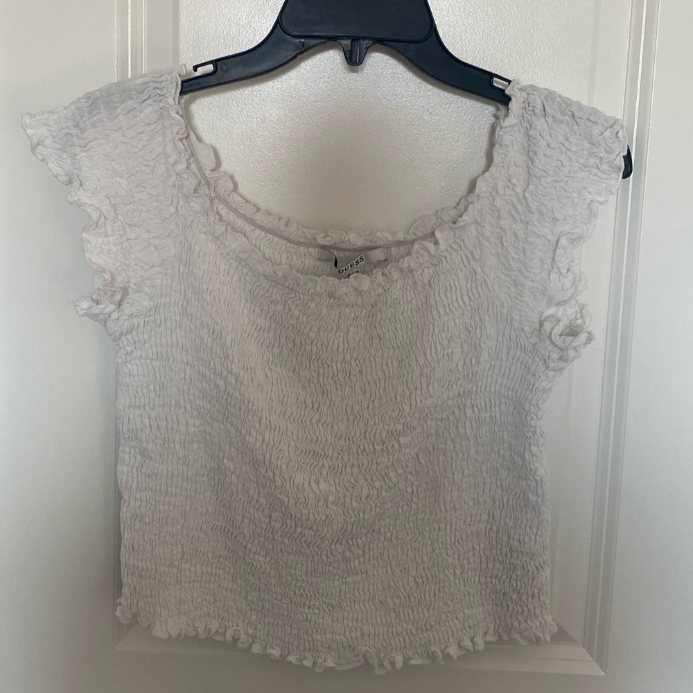 Guess White Off the Shoulder Crop Top
